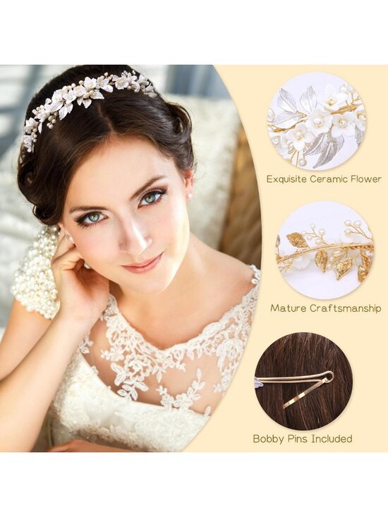 Elegant Gold Bridal Headband with Ceramic Flowers & Pearl Accents - Wedding Hair